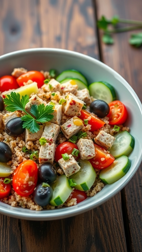 A colorful Mediterranean tuna and quinoa salad with cherry tomatoes, cucumber, olives, and parsley in a bowl.